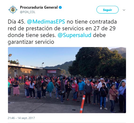 Tweet de la Procuraduría sobre Medimás