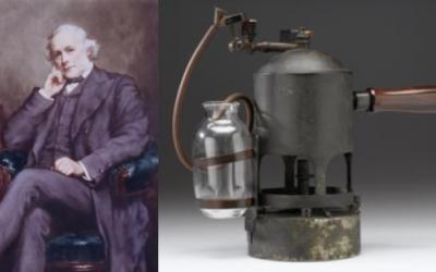 Oleo de Joseph Lister. The University of Glasgow Story y Vaporizador de ácido carbólico usado por Lister en Inglaterra, entre 1866 y 1870. Science Museum, London.